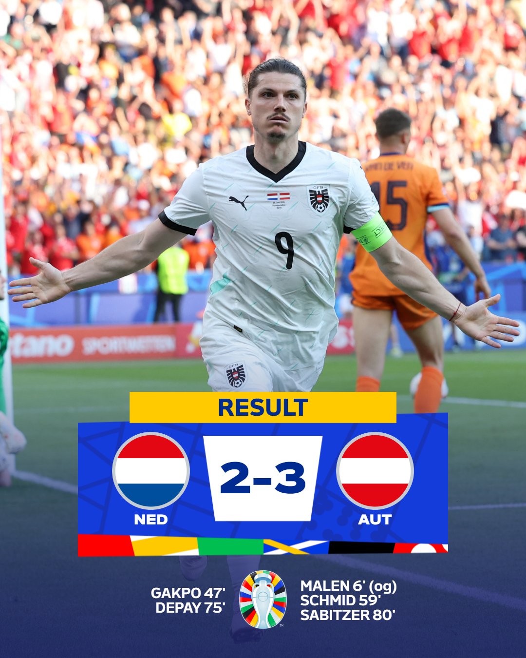 Euro 2024: Austria Stuns Netherlands 3:2, To Emerge Group D Winners